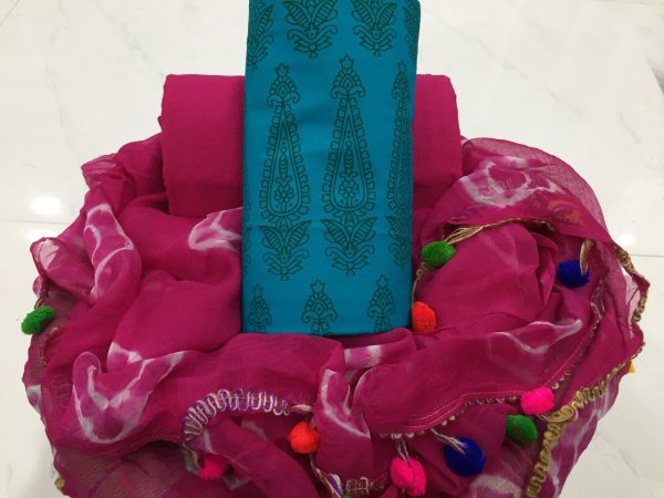 Mughal print pompom cotton suit with shibori dupatta