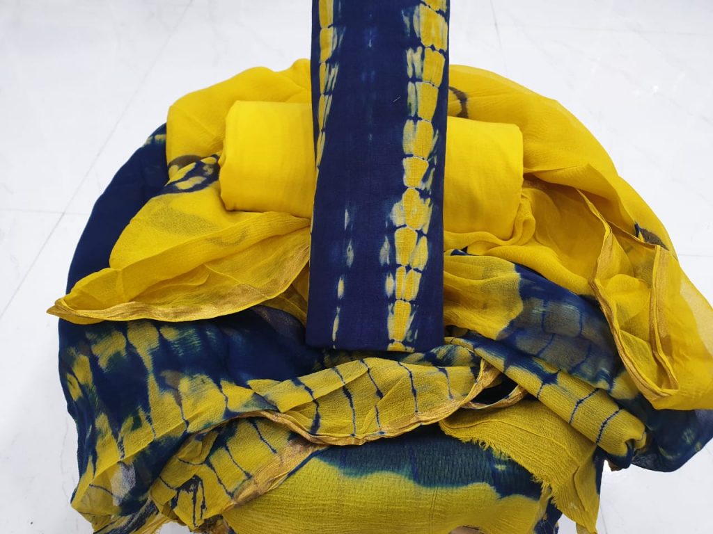Shibori print cotton zari border yellow navy suit