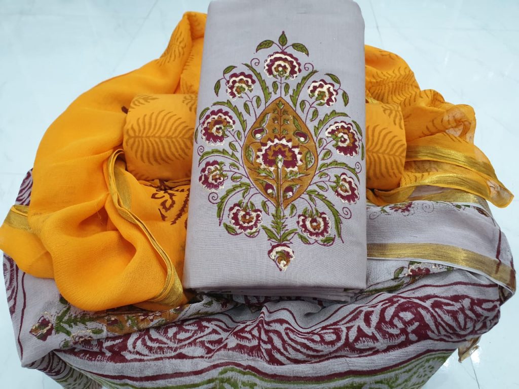 Zari border cotton mughal print orange silver suit