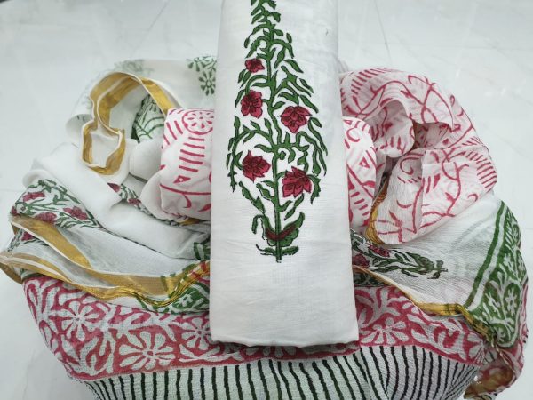 White mugal floral print casual wear zari border cotton salwar kameez suit