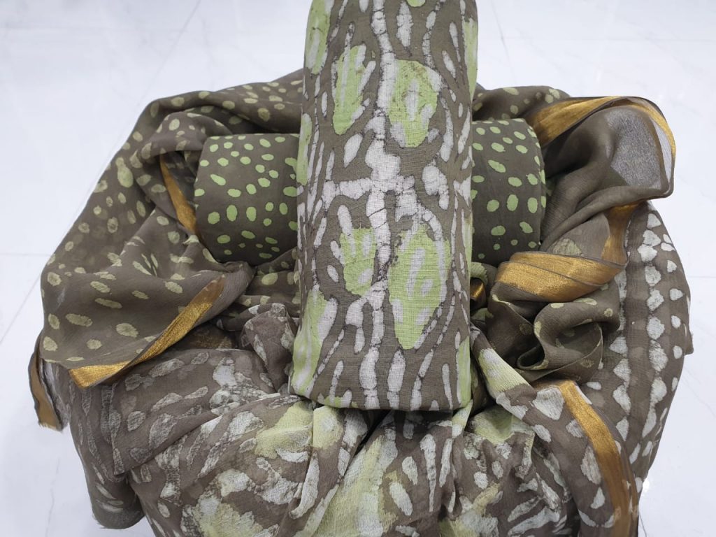Natural dabu print suit with zari border dupatta