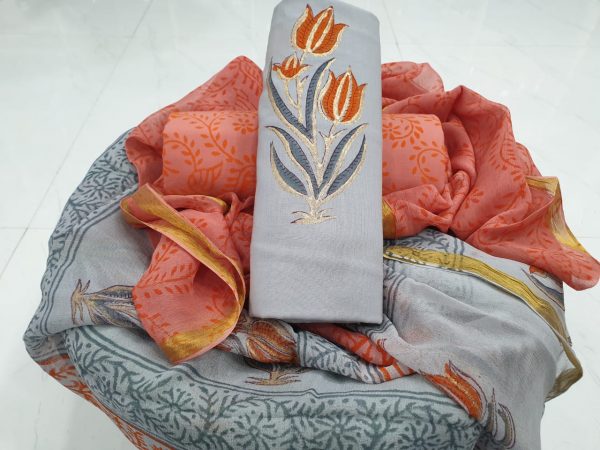 Silver orange cotton zari border suit
