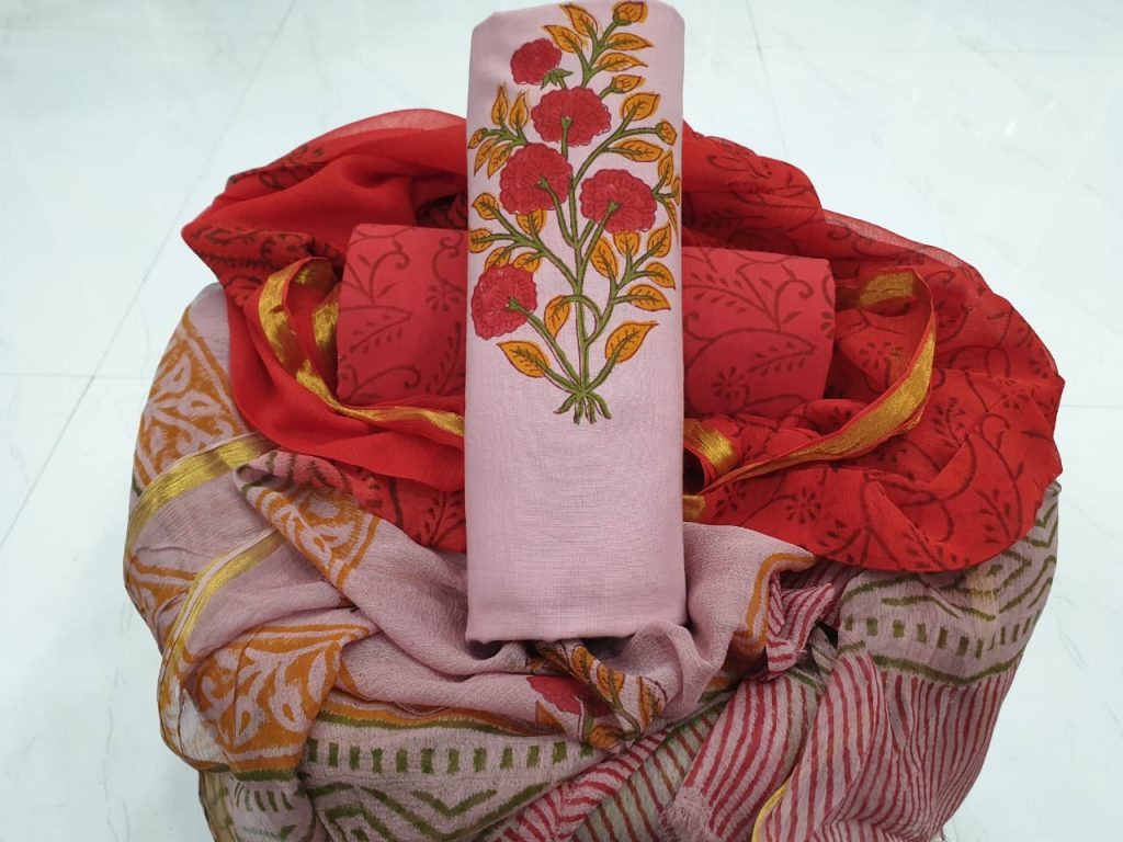 Floral cotton zari border mughal print suit