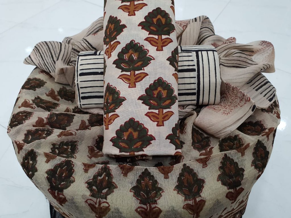 Beige rapid print cotton suit with pure chiffon chunni