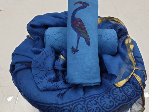 Blue crane print zari border suit in pure cotton