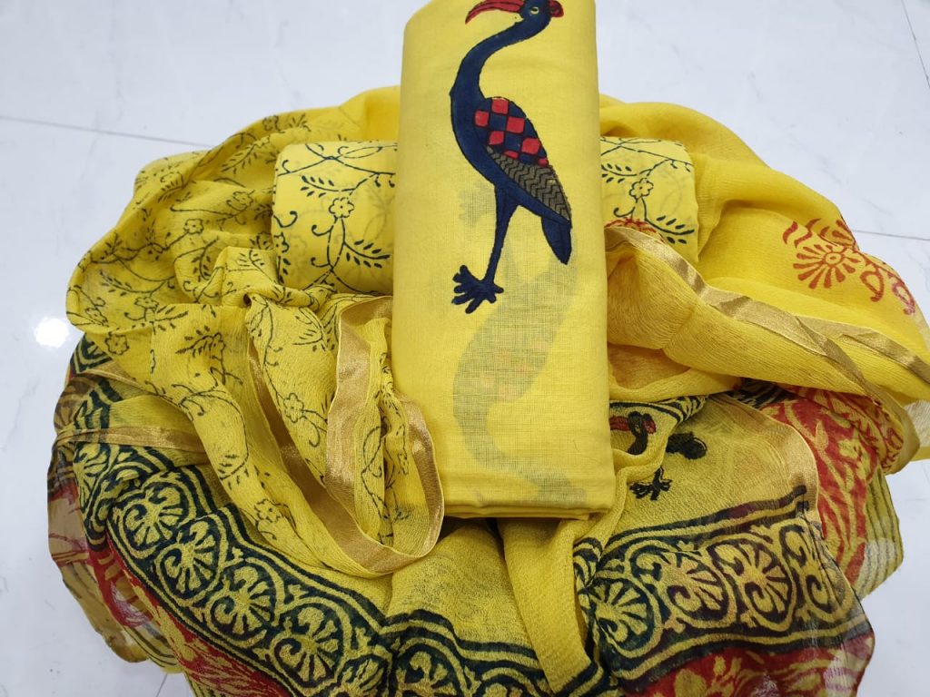 Yellow crane print zari border suit in pure cotton