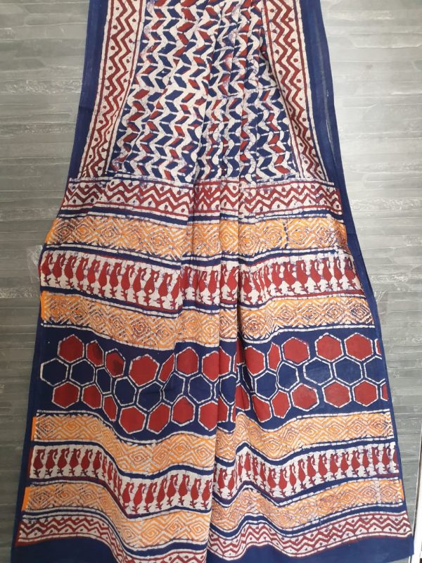 Bagru print mul saree blue & amber colour