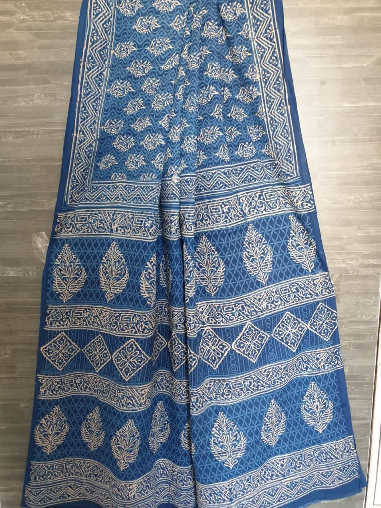 Mughal print mul azure saree colour