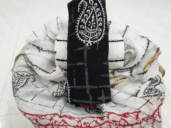 Paisley black and white cotton suit in zari border