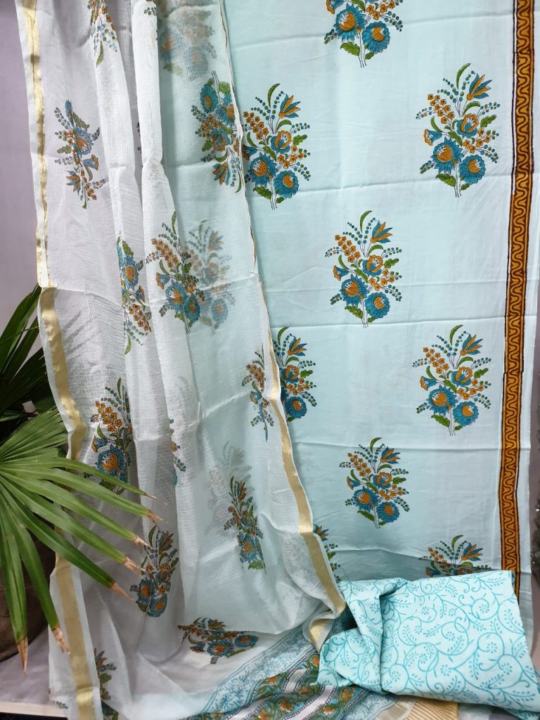 Mugal print blue cotton top and kota silk dupatta