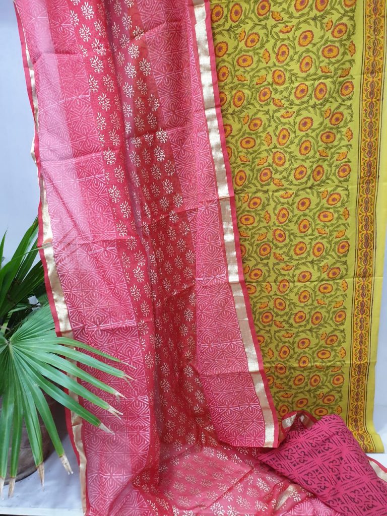 Rose spring bud color cotton suit with kota silk dupatta