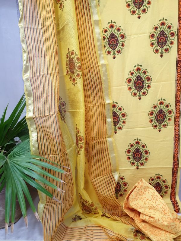 Gold color Cotton suit with kota silk dupatta