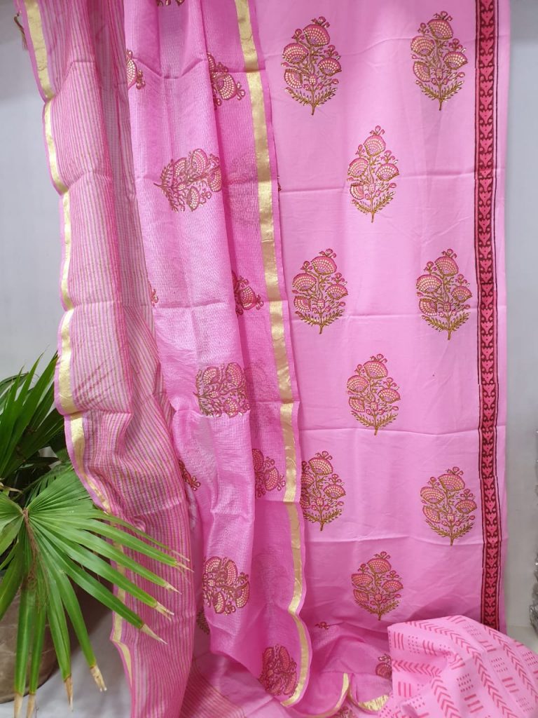 Pink mugal print cotton suit with kota silk dupatta