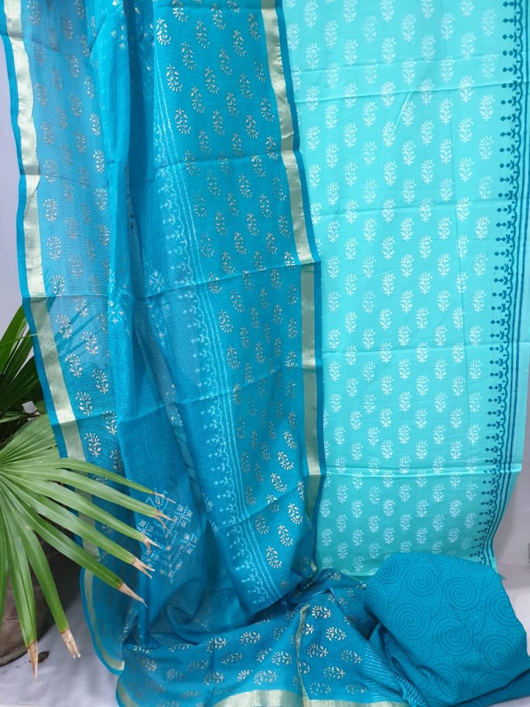 Sky blue cotton suit with kota dupatta