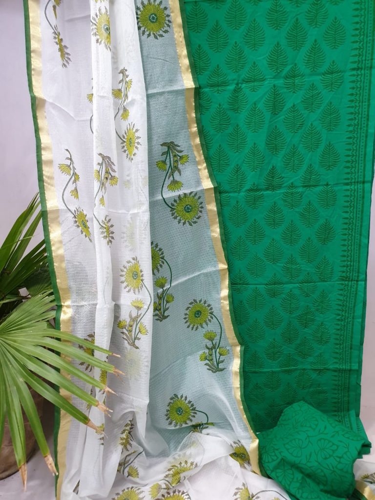 Green pigment print cotton top with kota silk duptta