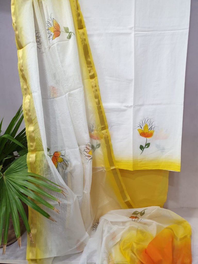 Yellow white color mugal print cotton suit with kota silk dupatta