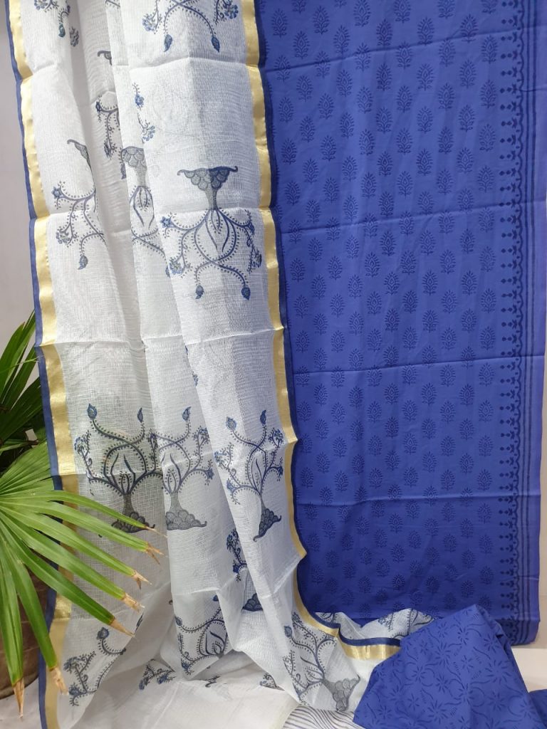 Blue cotton top and white kota silk dupatta