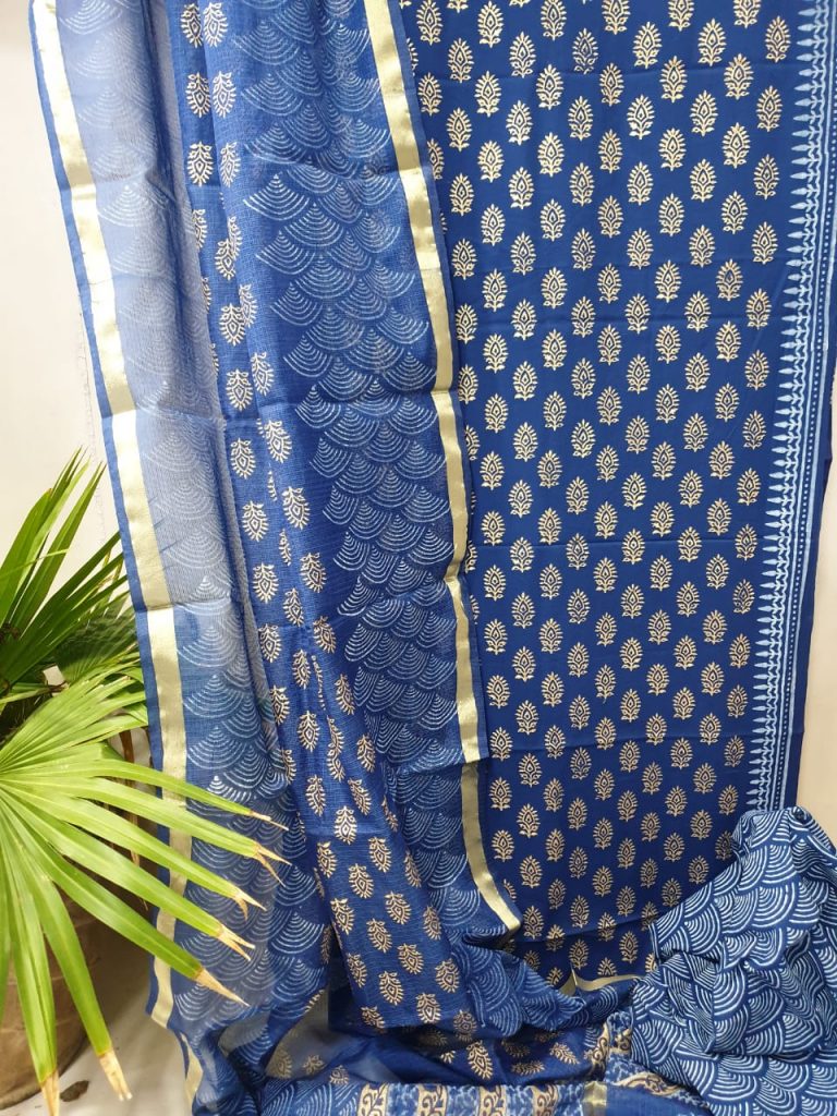 Navy blue pigment print cotton suit with kota silk dupatta