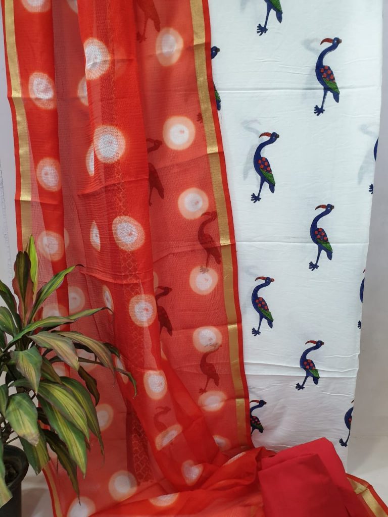 Red and white Cotton suit kota silk dupatta with crane print