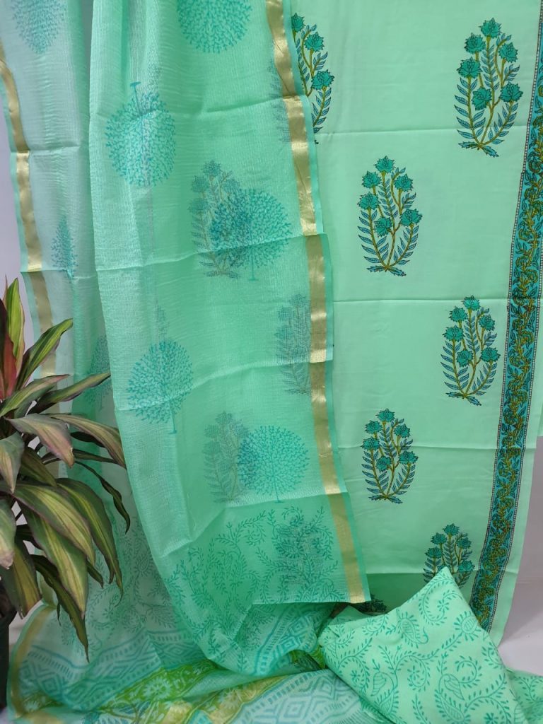 Jungle green Cotton suit kota silk dupatta