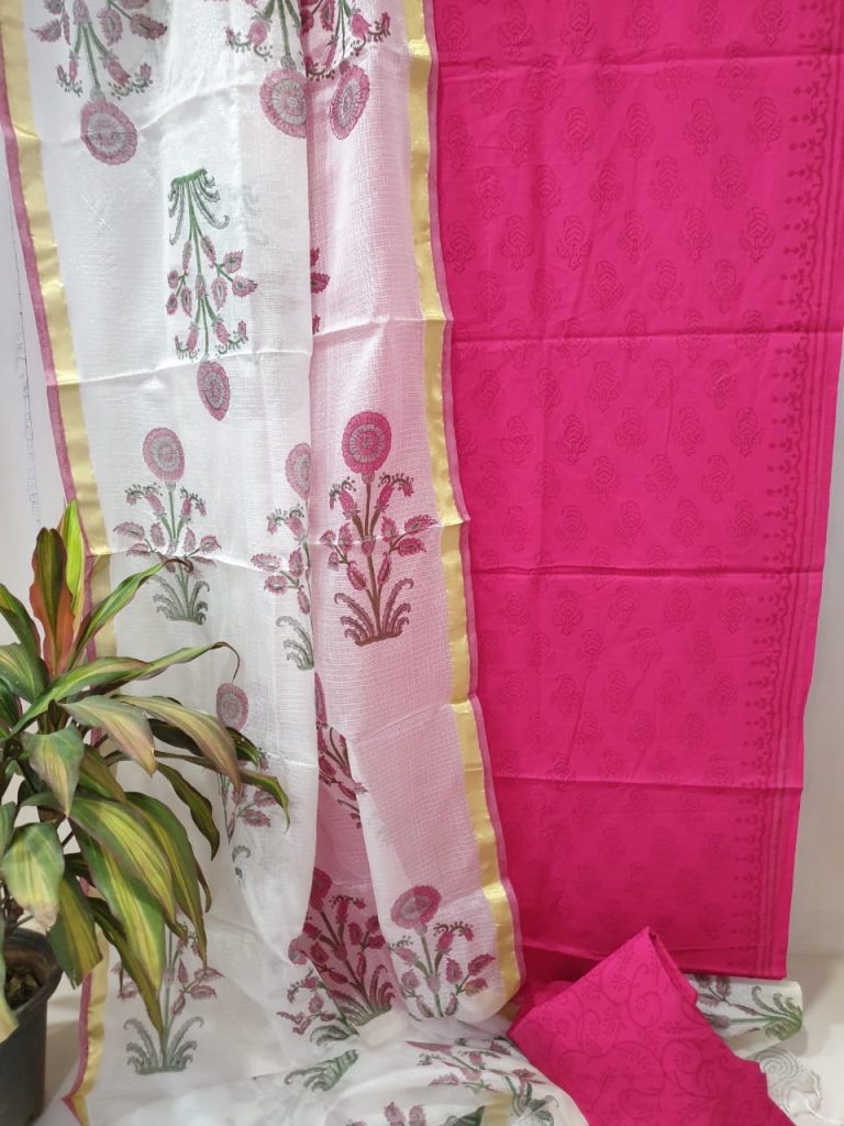 Pink and white mugal print Cotton suit kota silk dupatta