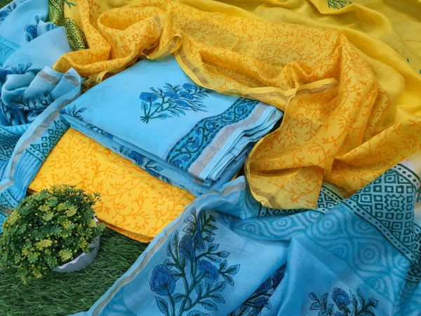 Amber and baby blue mughal print chanderi silk suit with cotton bottom