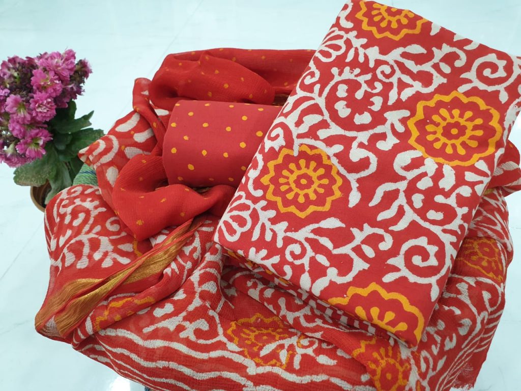 Red zari suit with yellow white print