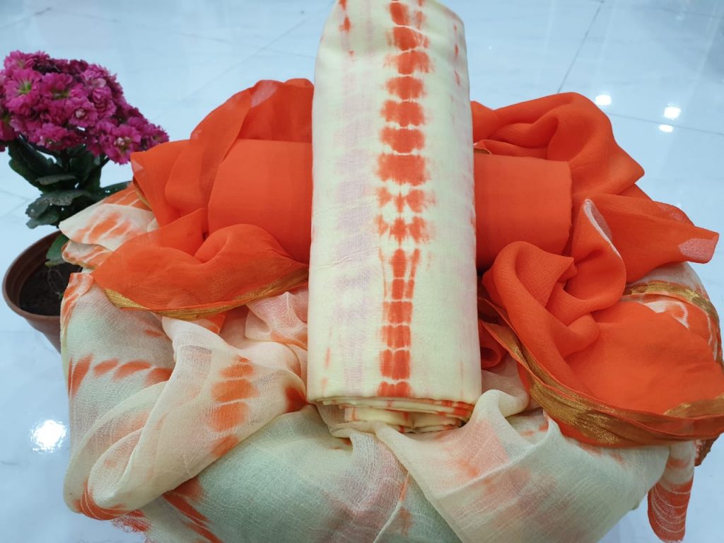 Shibori orange print zari border suit set