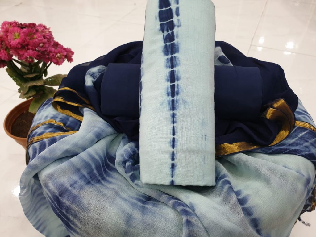 Beautiful blue tone shibori print zari border suit