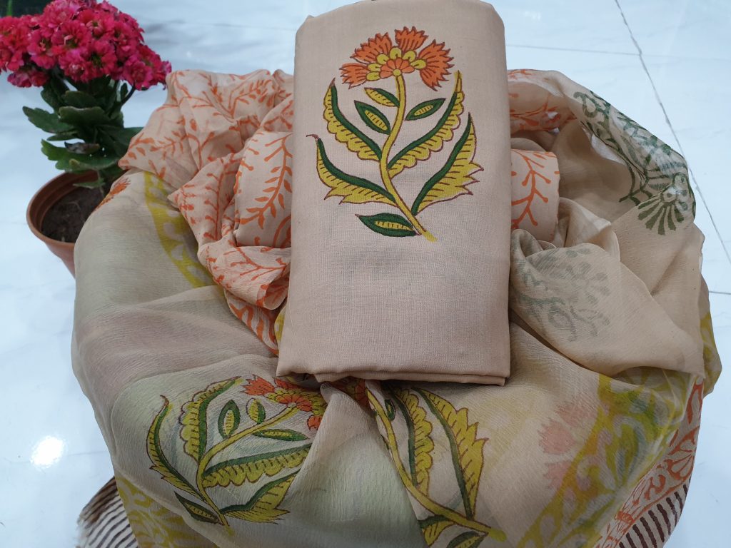 Mughal print apricot color cotton suit set