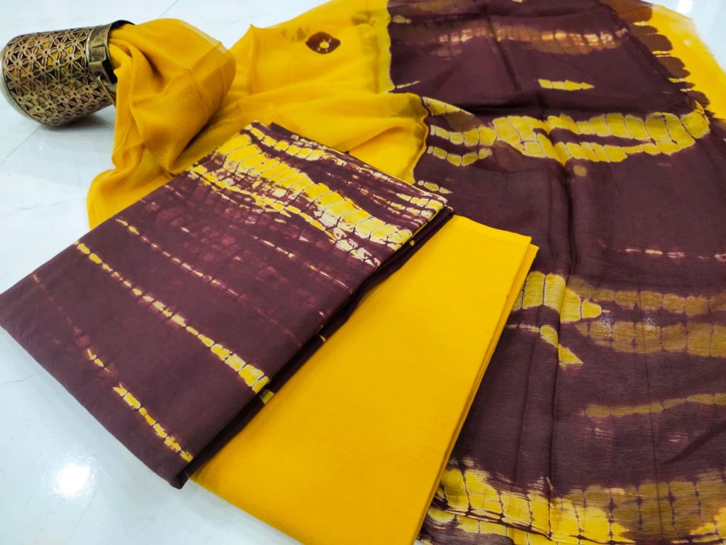 Amber and burgundy shibori print cotton suit with pure chiffon chunni