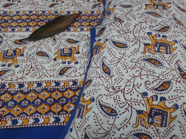 Elephant print white blue double bedsheet