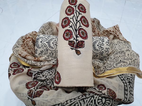 Natural bagru mughal print zari border cotton suit