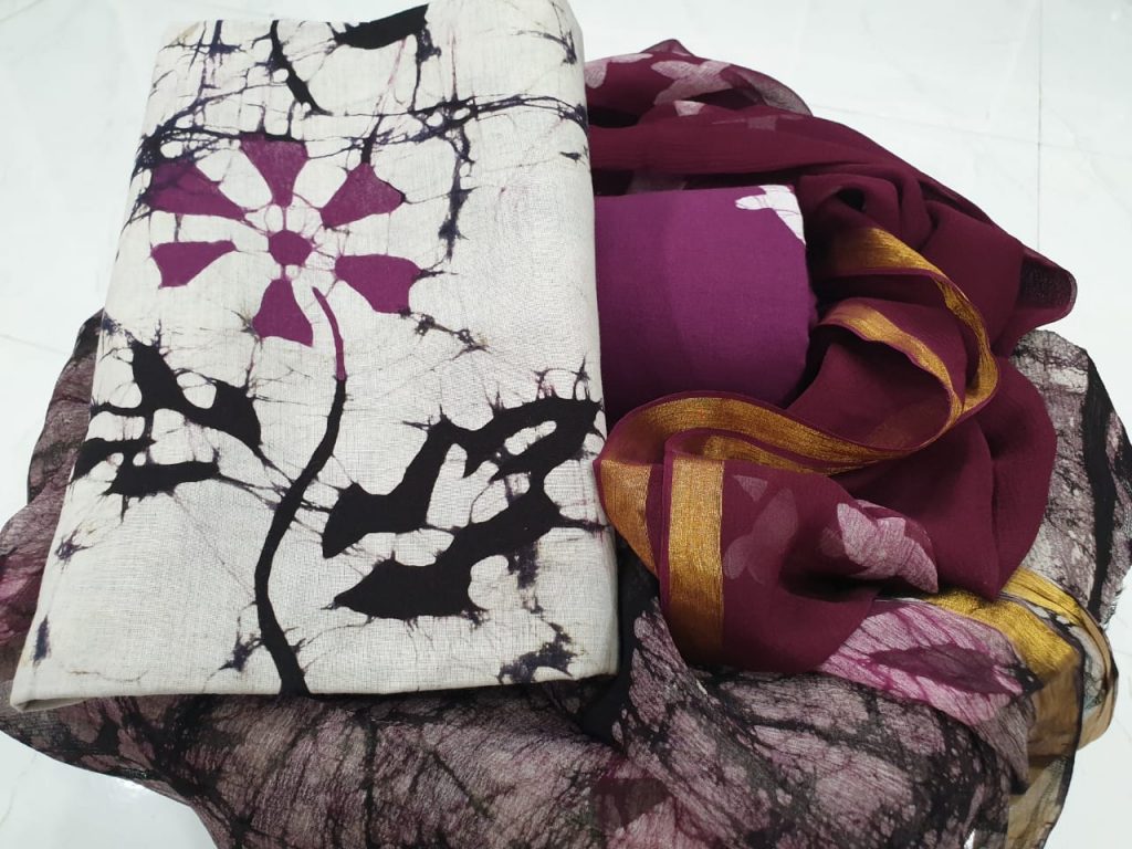 Purple batik print zari border cotton suit set