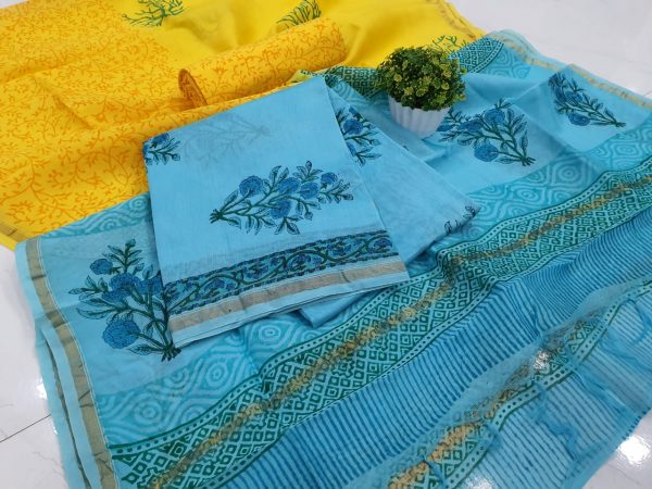 Amber and baby blue mughal print chanderi silk suit with cotton bottom