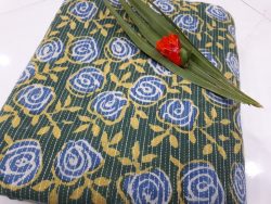Olive yellow print thread work kantha running fabric