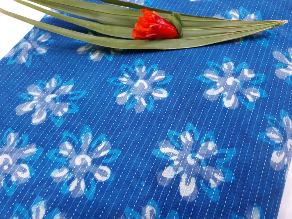 Blue Kantha cotton running fab with white floral print