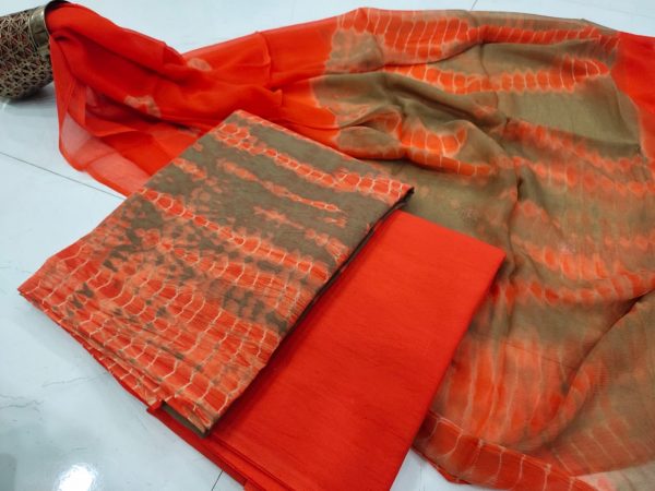 Shibori print cotton suit with pure chiffon chunni orange-red and tan