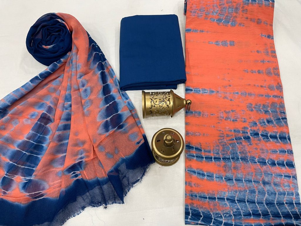 Orange and navy blue shibori print cotton suit with pure chiffon chunni