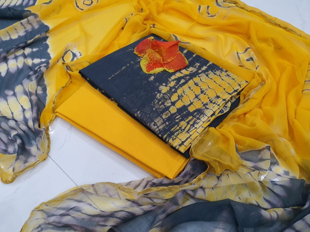 Shibori print zari border pure chiffon dupatta gold and prussian blue