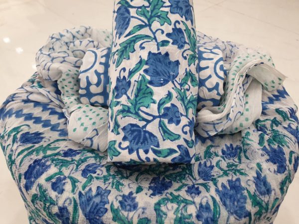 Kalamkari white blue cotton chudidar for ladies