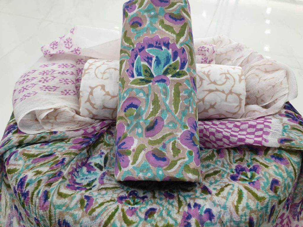 Floral print cotton chudidar set with chiffon dupatta