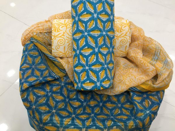Yellow amber and teal blue color cotton suit set