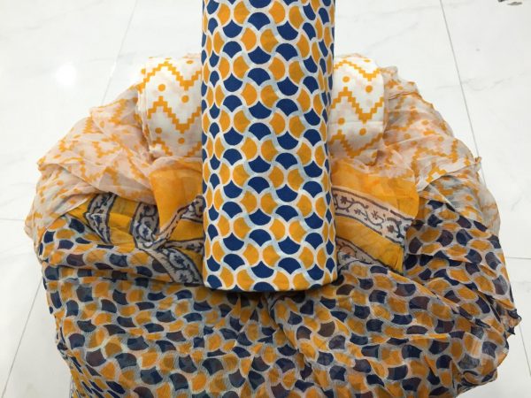 Yellow blue printed cotton chudidar set