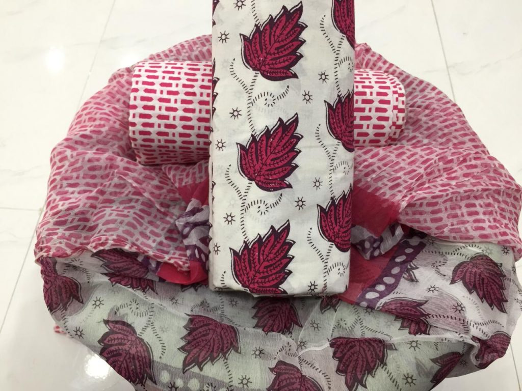 Leaf print white cotton suit for summers