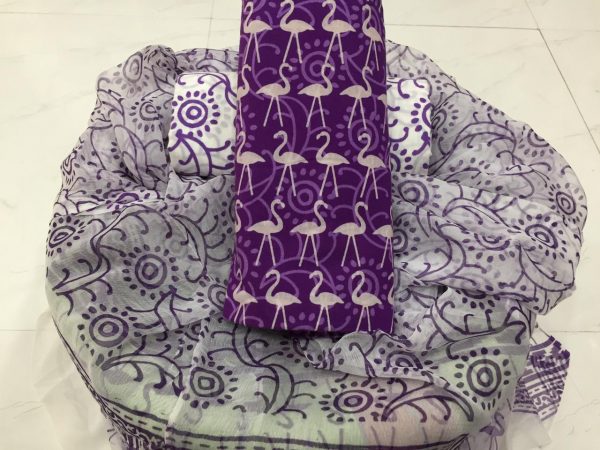 Crane print purple cotton suit set with pure chiffon dupatta