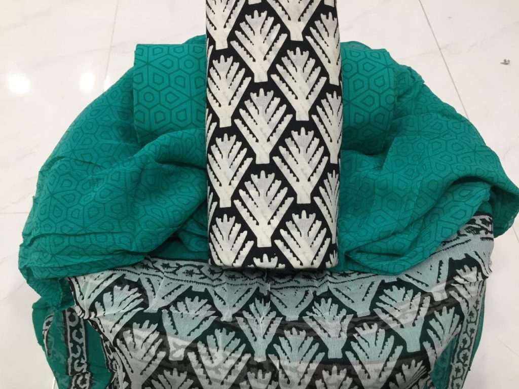 Teal green and black cotton suit with chiffon dupatta