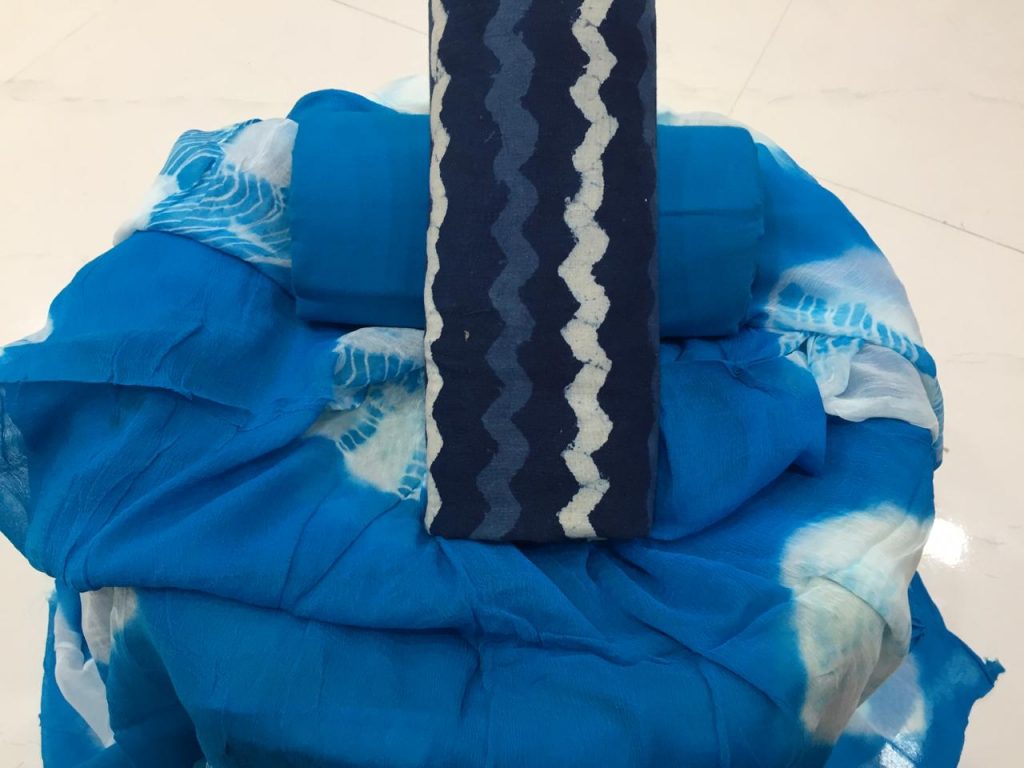 Azure blue shibori print cotton suit set for ladies