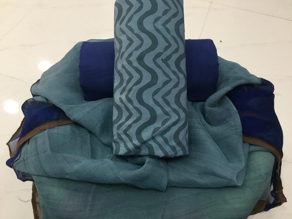Cerulean blue cotton suit set with pure chiffon dupatta