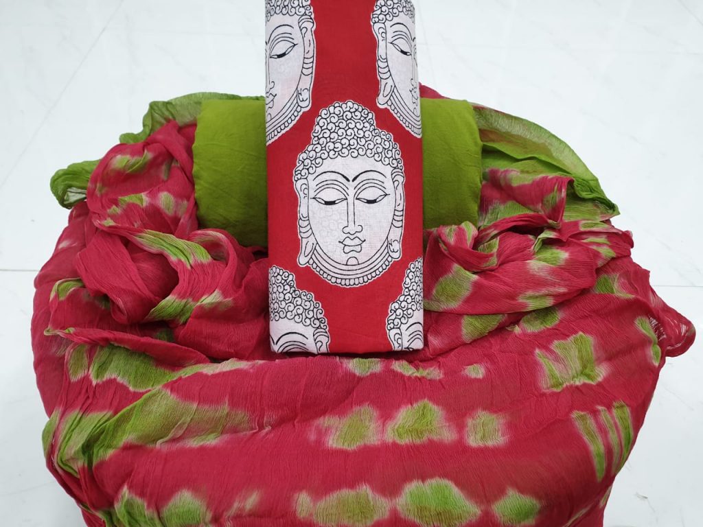 Budha print green red shibori cotton suit